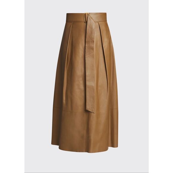 Vince Midi Skirt Tan Belted Lamb Leather A-line High Waist Luxe Minimalist Sz 10 - Picture 4 of 14